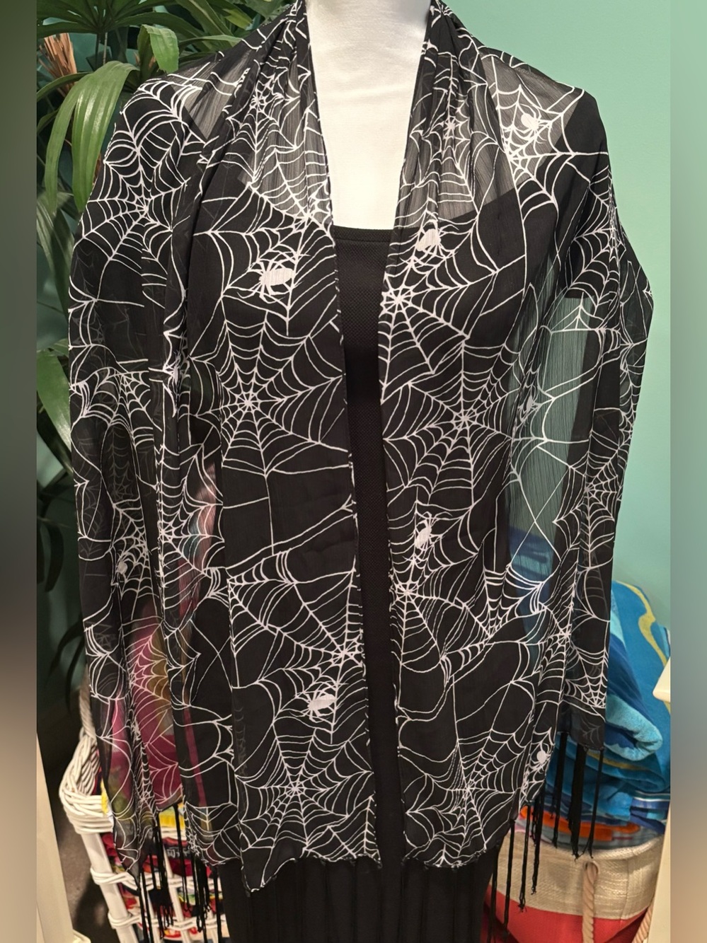 Black White Halloween Spider Web Spider Scarf Sheer Fringe Wrap Shawl